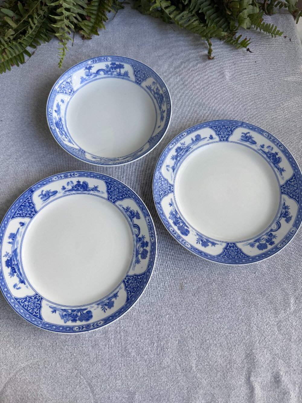 Antique Chinoiserie Royal Sometuke Nippon Blue and White Shallow Bowl and Plates